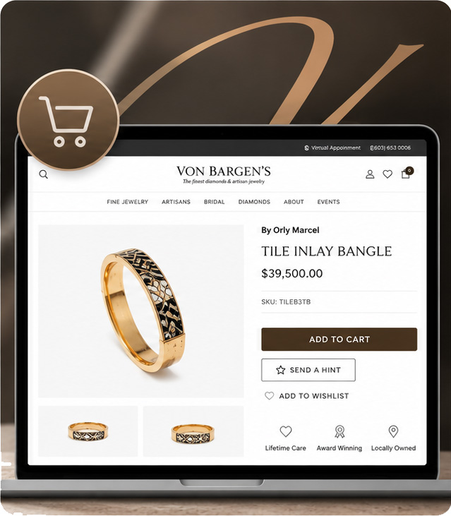 The Von Bargen's Jewelry website with a shopping cart icon denoting the improvement in conversion tools.