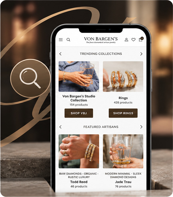 Photo of the Von Bargen's Jewelry website with a search icon to denote the ease of product discovery
