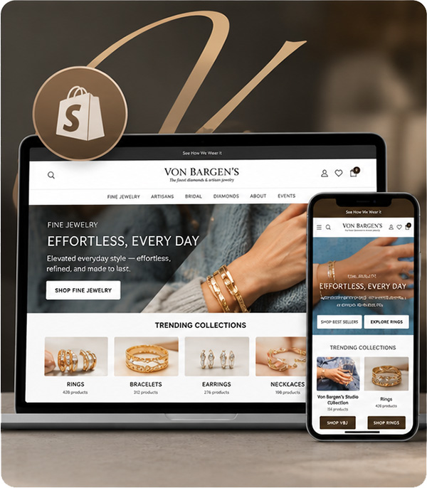 Photo of the Von Bargen Jewelry website with a Shopify icon